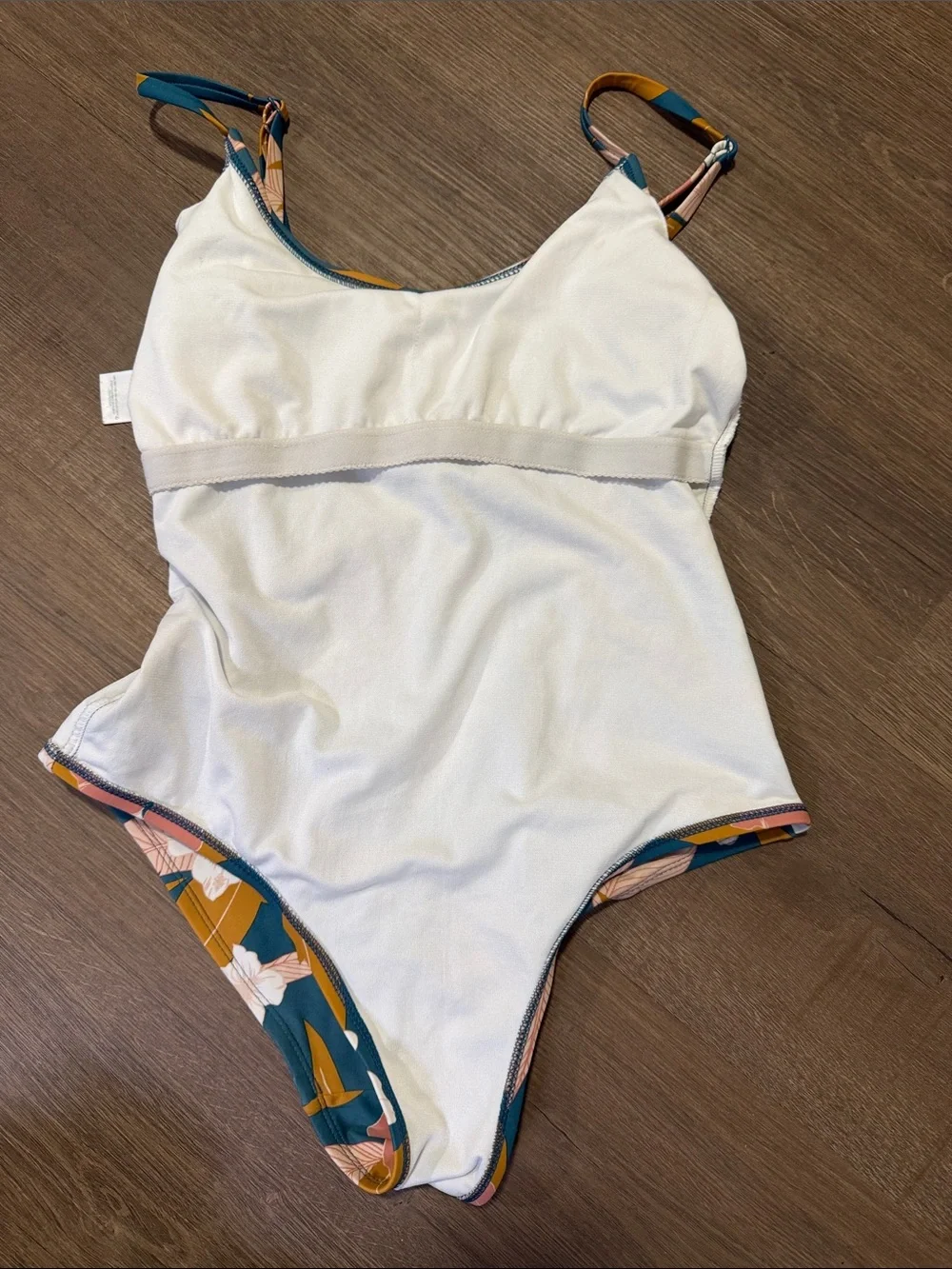 Kona Sol Botanical Floral Criss Cross One Piece Swimsuit Teal Pink Medium